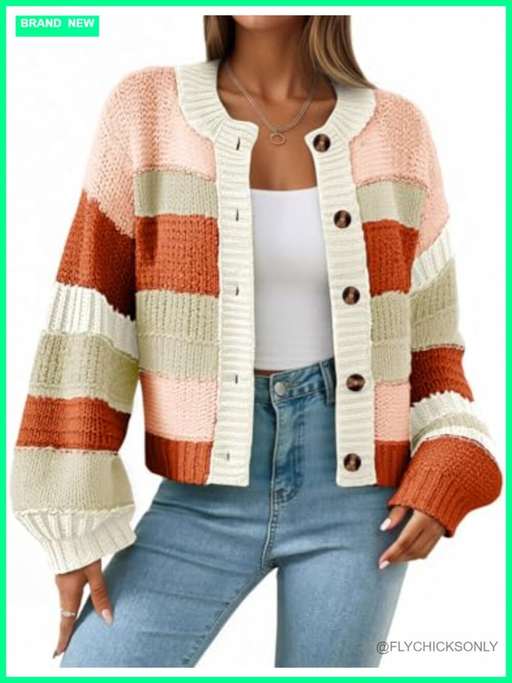 Striped Chunky Cardigan Sweater Oversized Button Down Crew Neck Knit Coat